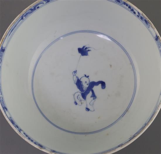 A Chinese blue and white bowl, Yongzheng six character mark and of the period (1723-35), D. 17.5cm, fritting to the rim